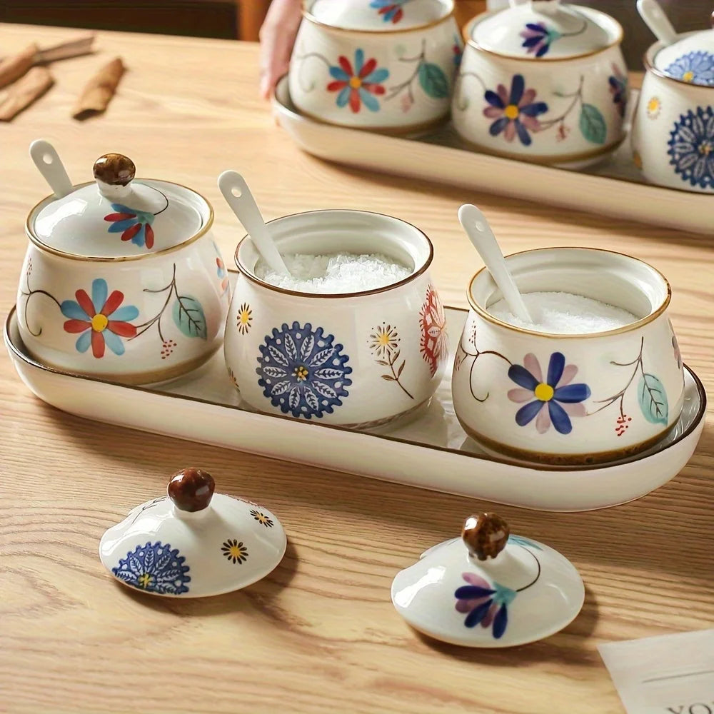 Japanese Ceramic Seasoning Bottles Set With Lids And Spoons