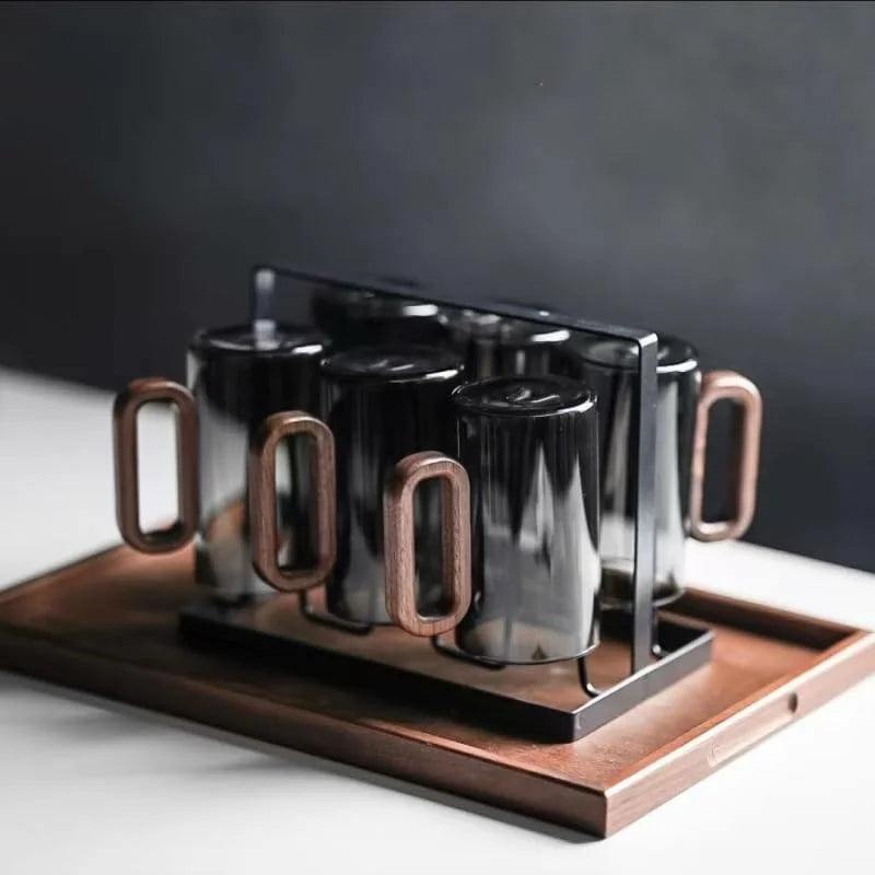 Borosilicate Glass Coffee Mugs With Walnut Handle Dishwasher Safe