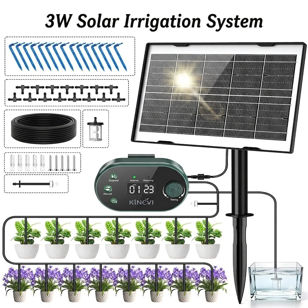 Solar Drip Irrigation System, 3W Automatic Watering System Built in 2200mAh Battery, with 22 Timing Modes 15m Hose&Anti-Siphoning, Suitable for Indoor Outdoor Plants Vegetables Shrubs