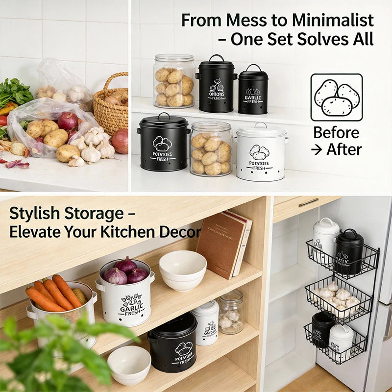 Metal Potato Onion & Garlic Storage Containers with Lids & Air Holes – Stackable 3 Sizes Space-Saving for Kitchen Counter Black