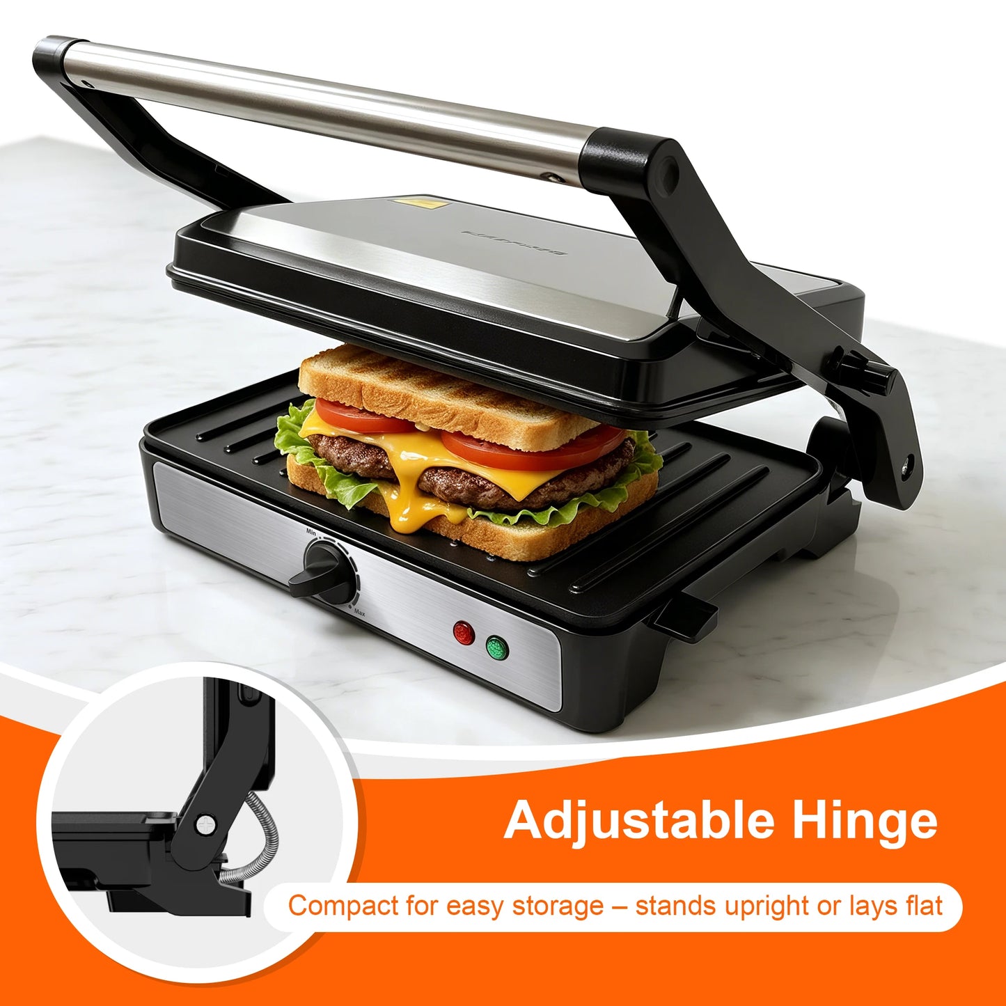 2-Slice Sandwich Maker, 900W Indoor Grill & Panini Press, Adjustable Temperature Control, 180° Flat Opening, Cool-Touch Handle, Kitchen Appliance Gift