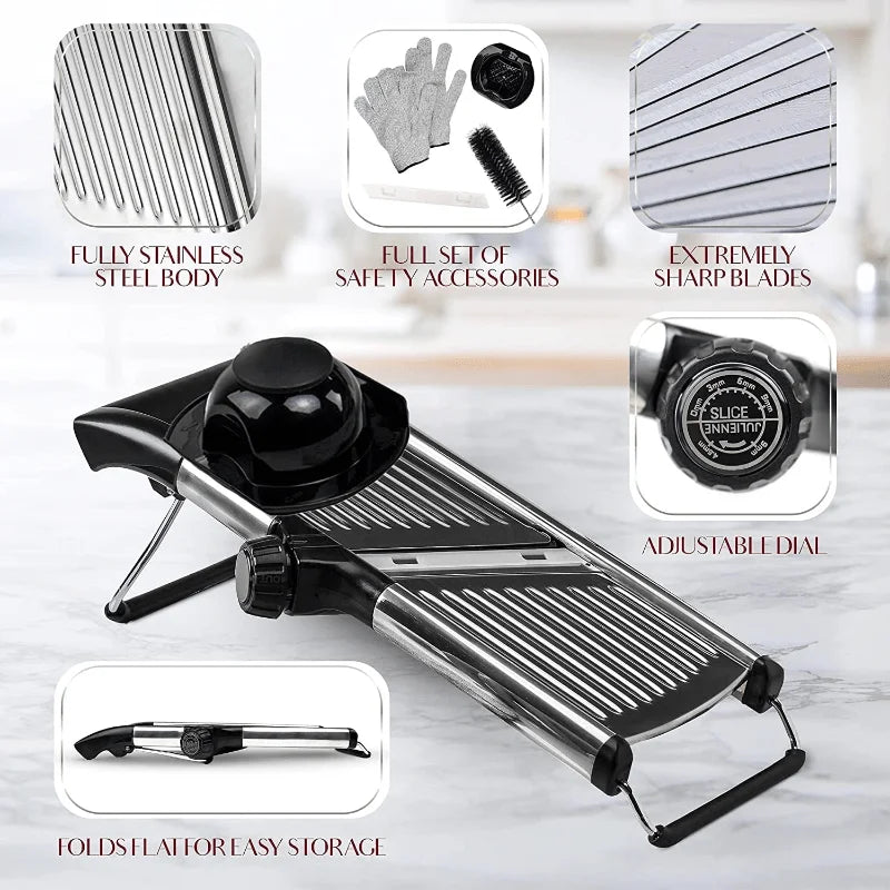Mandolin Slicer, Suitable for Slicing Potatoes, Tomatoes, Carrots, Vegetables, Fruits, And Onions - Made of Stainless Steel - Comes with One Protective Glove
