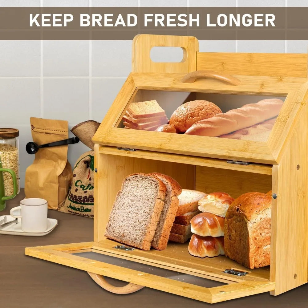 Extra Large Double Layer Bread Box, Bamboo Wooden Storage Container with Tool Holder & Handles & Window, Assembly Required(14.9" x 11" x 15.3")