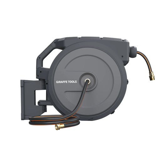 Giraffe Tools Retractable Garden Hose Reel 1/2 Inch x 130 ft, Super Heavy Duty, Any Length Lock, Slow Return System, Wall Mounted and 180 Deg Swivel Bracket
