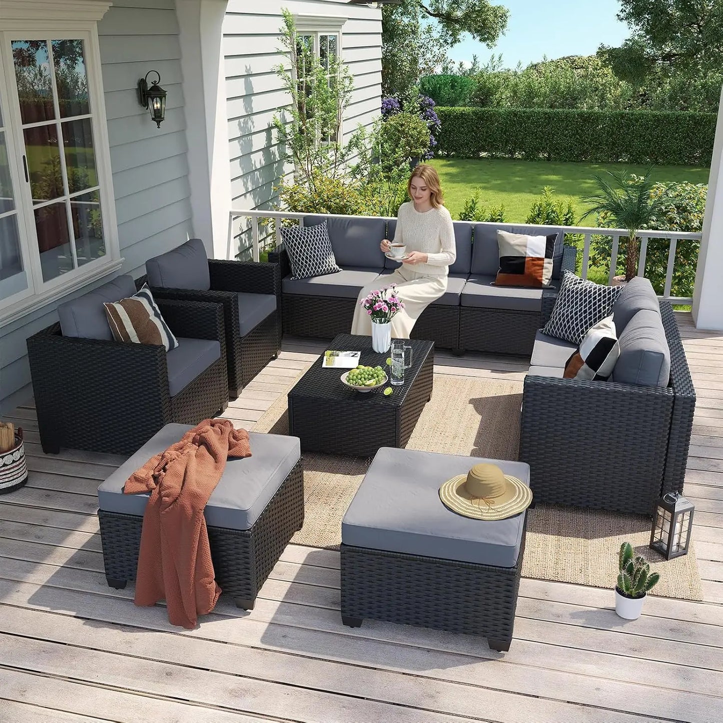 10 Piece Outdoor Patio Furniture Set 9 Seats, Outdoor Sectional with Thick Waterproof Cushions, Patio Conversation Sets, Custom