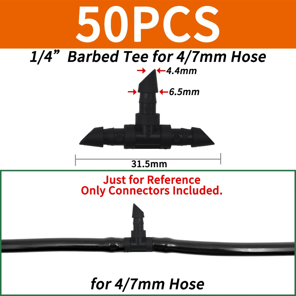 50PCS Plastic Barbed 3-Way TEE Connector for 4/7mm Tubing Watering Pipe Hose Couplings Micro Drip Irrigation Garden Tools