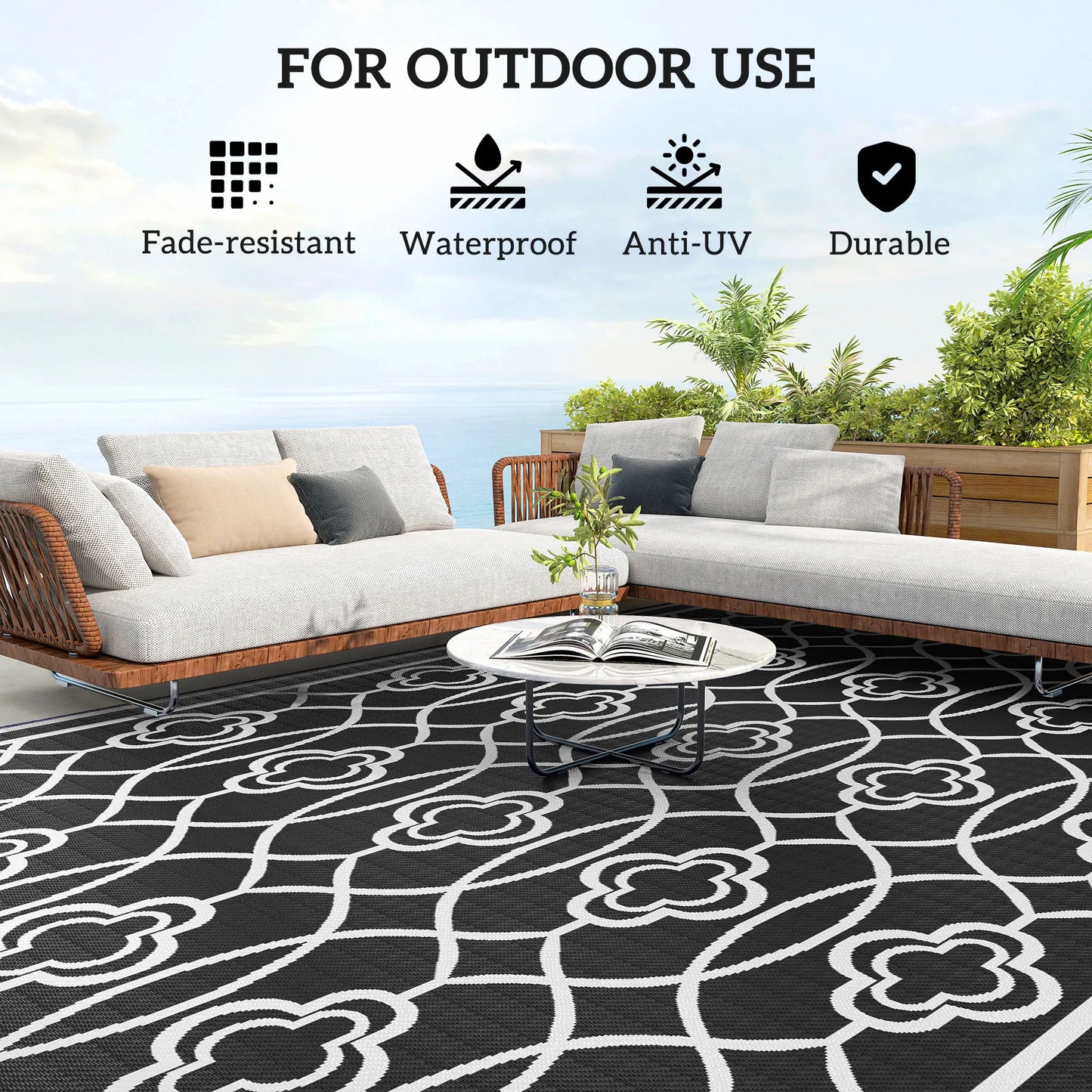 Outdoor Rug, 9' x 18' Floor Mat, Black White Lantern