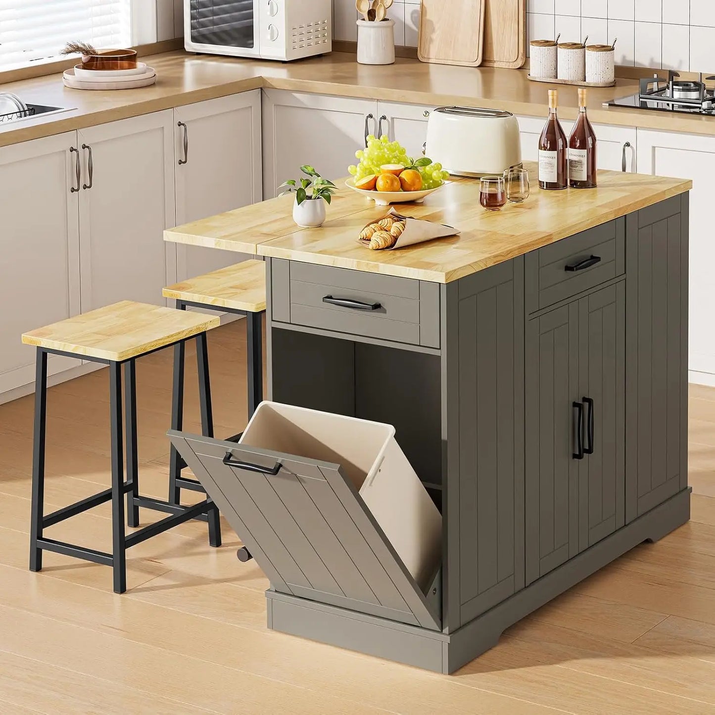 Stationary Kitchen Islands with 2 Chairs, 47" Rolling Kitchen Island with Drop Leaf, Home Bar Table with Spice Rack & Trash Can, Movable Island, Island Table for Dining Room