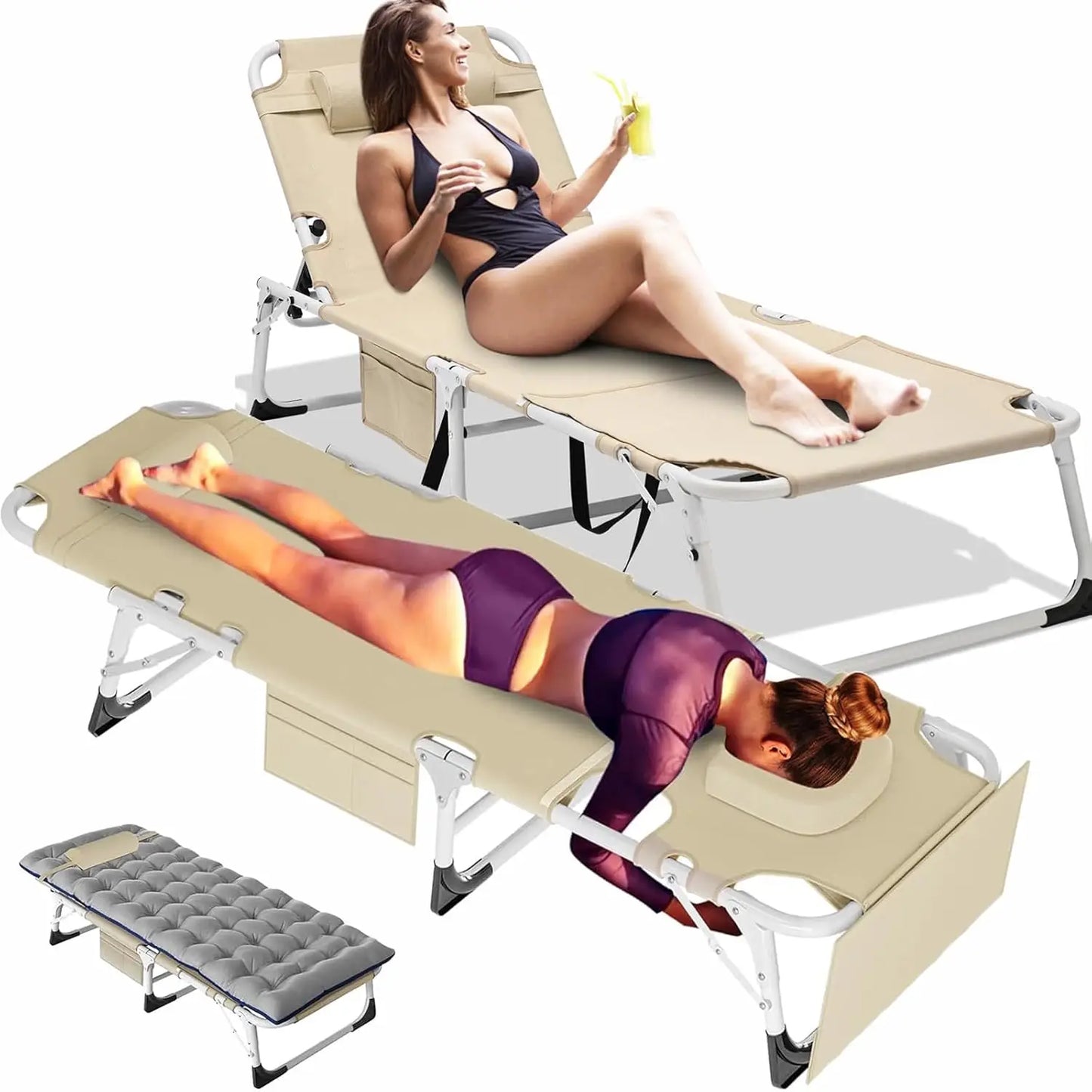 Tanning Chair Heavy Duty Folding Beach Lounger Chaise Outdoor