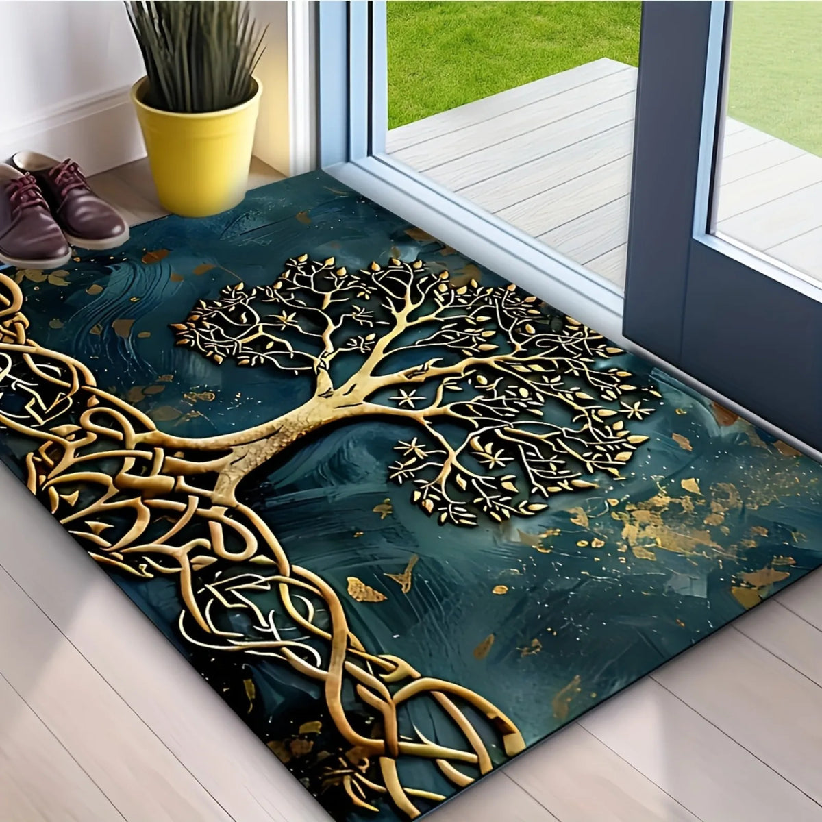 Tree of Life Pattern Welcome Doormat, Crystal Velvet Fabric, Backing, 1000G/M², Rectangular Non-Slip Washable Entrance Rug for Home, Garden, Patio, Laundry, Bathroom Decoration - Hand Wash solely, Durable Multi-Purpose Outdo