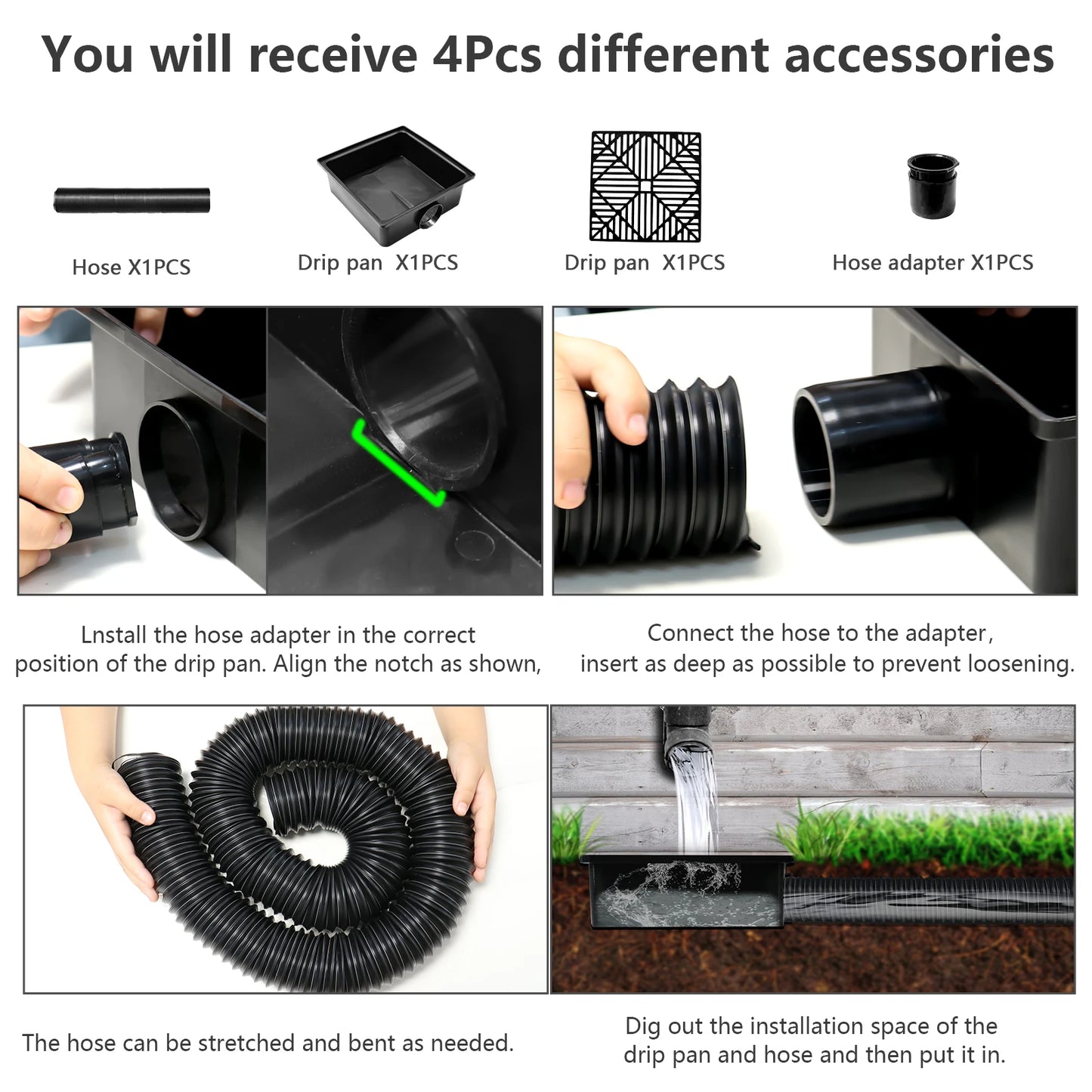 Square Outdoor Drain Catch Basin Kit with Grate Flexible Corrugated Drain Pipe Yard Patio Lawn Garden Downspout Surface Water Drainage System