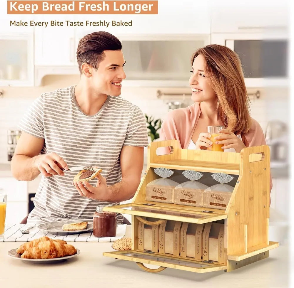 Extra Large Double Layer Bread Box, Bamboo Wooden Storage Container with Tool Holder & Handles & Window, Assembly Required(14.9" x 11" x 15.3")