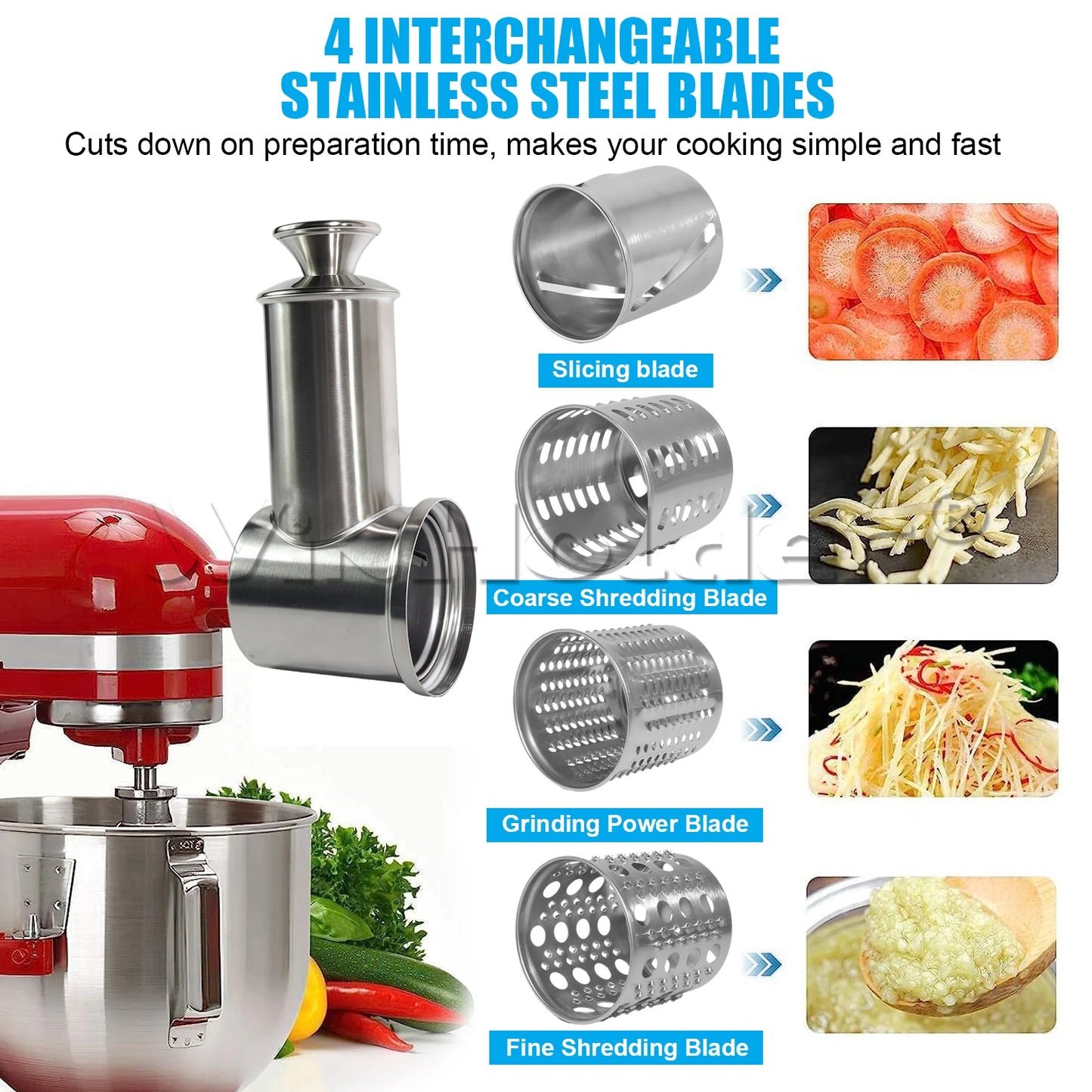 2Set Large 4 Cutting Blades Stainless Steel Slicer Shredder Attachment+Food Meat Grinder Attachment For KitchenAid Dishwasher Safe Vegetable Cheese Grater Accessories