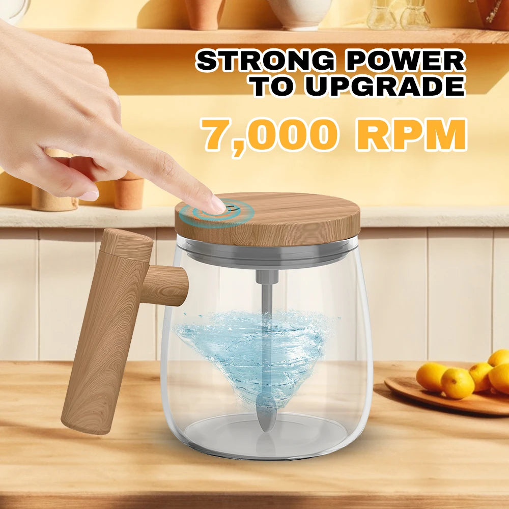 USB Dry Battery Powered Self Mixing Coffee Cup Large Capacity Automatic Stirring Glass Mug Leakproof Wooden Lid Electric Blender Cup for Home Office Travel
