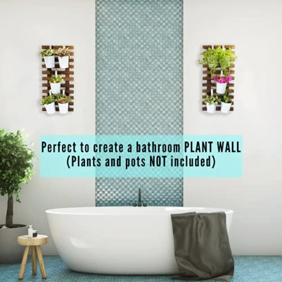 Vertical Hanging Outdoor Planters Bundle: 2 Wooden Plant Holders + 6 White Metal Pot For Fence, Deck, Patio, Or Porch Use