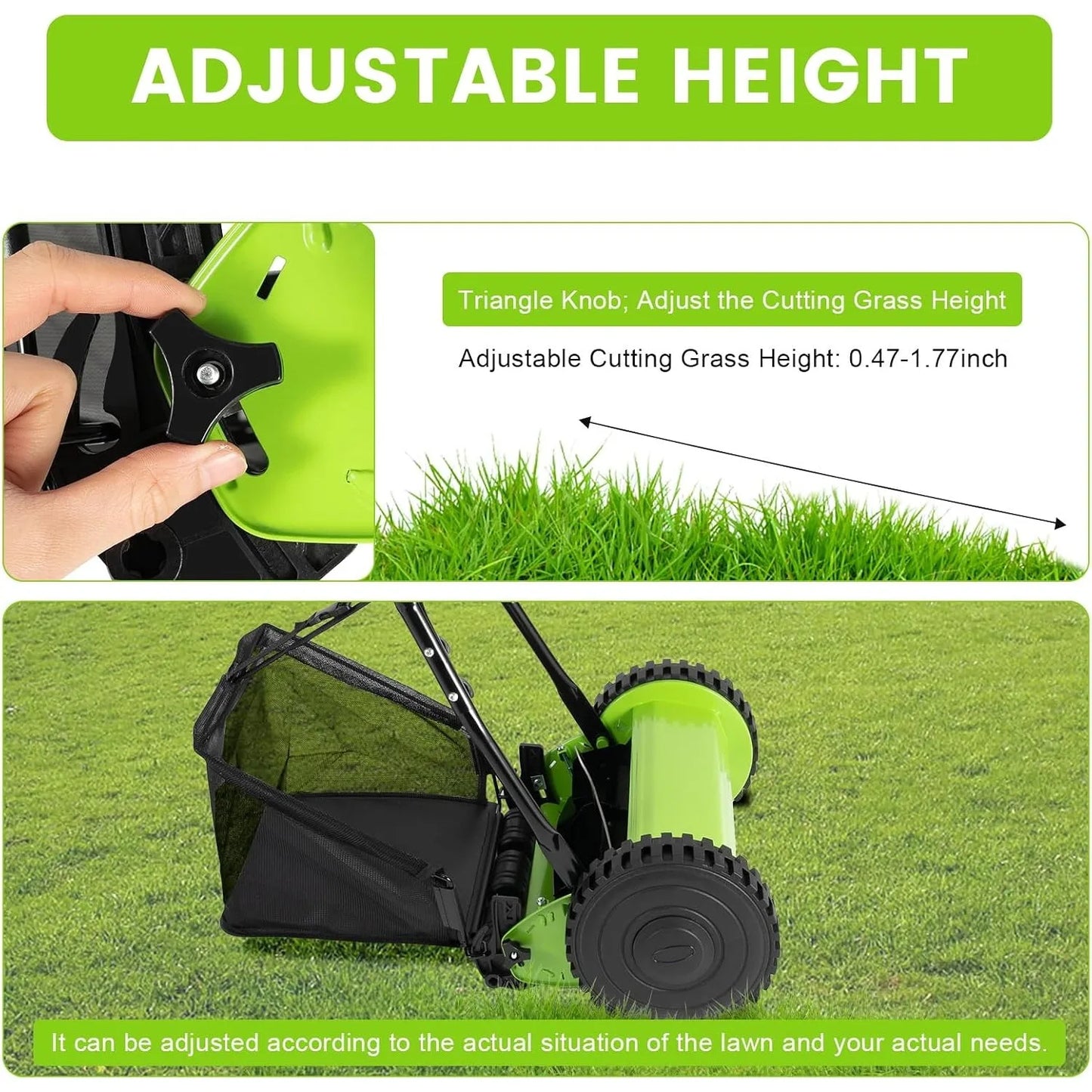 12 Inch 5-Blade Push Reel Lawn Mower, Cordless Manual Lawn Mower with Grass Catcher, Adjustable Cutting Height, Walk-Behind Lawn Mowers for Yard, Garden