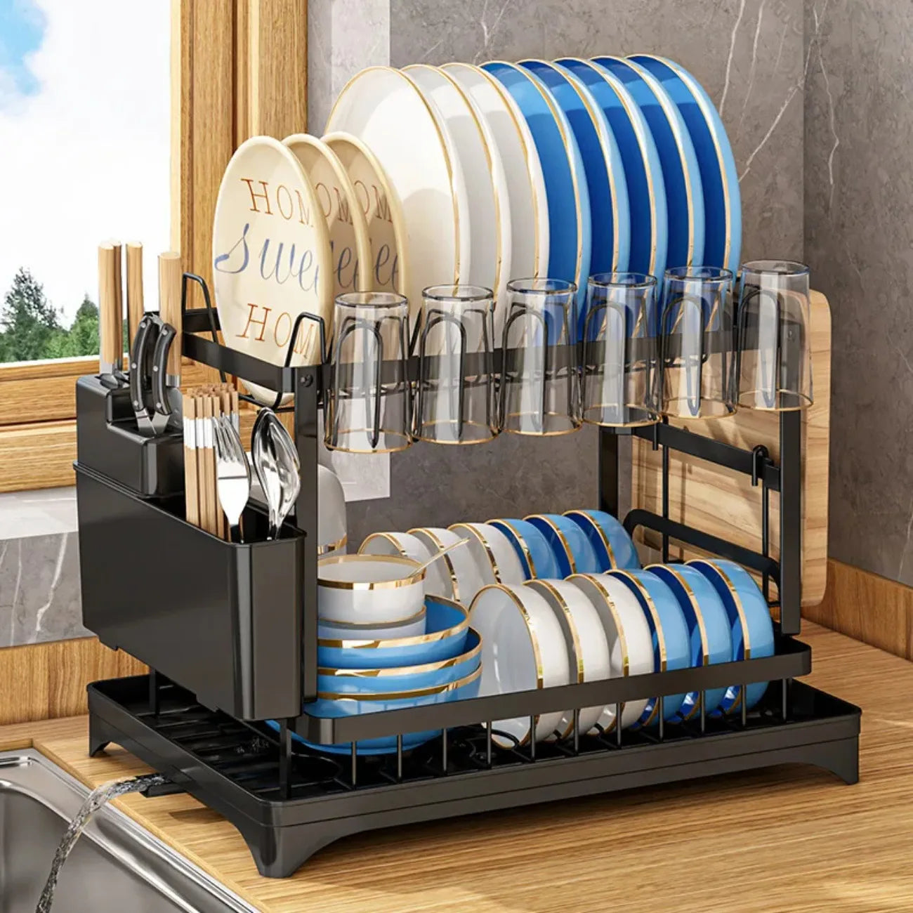 DIAMR 2 Tier Rotating Dish Drying Rack With Utensil Holder