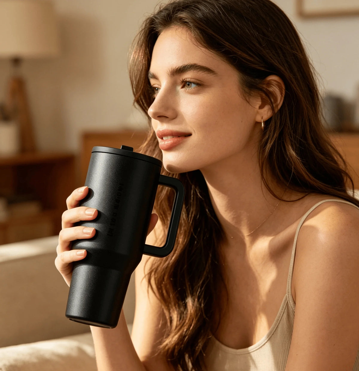 40oz Cream Insulated Stainless Steel Water Bottle | HYD Traveler Flip Straw Tumbler with Handle