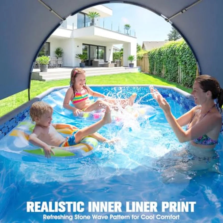 Foldable Pool With Canopy For Backyard Use Non-Inflatable Portable Collapsible
