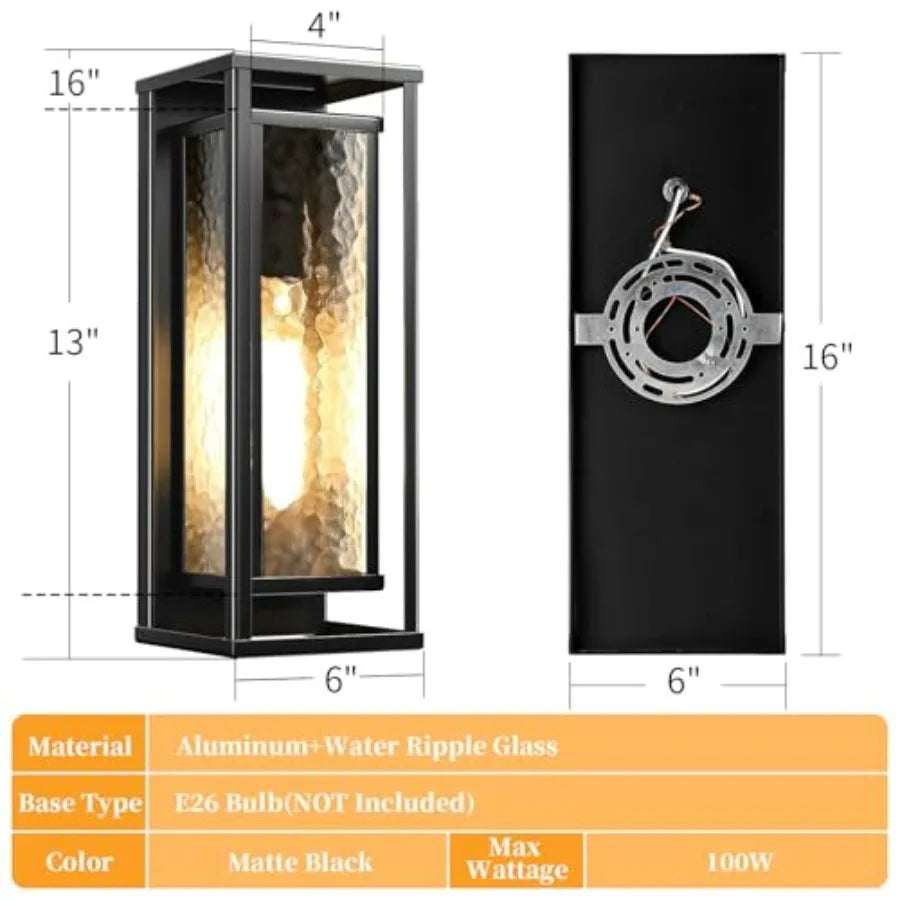 16" Large Outdoor Wall Lights 2 Pack, Modern Outdoor Light Fixtures Wall Mount, Black Exterior Wall Sconce with Ripple Glass, W