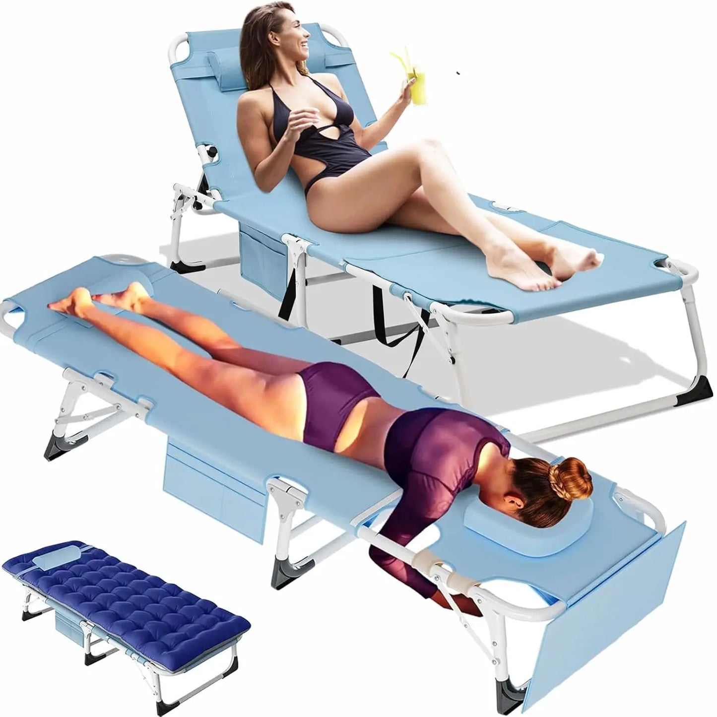 Tanning Chair Heavy Duty Folding Beach Lounger Chaise Outdoor