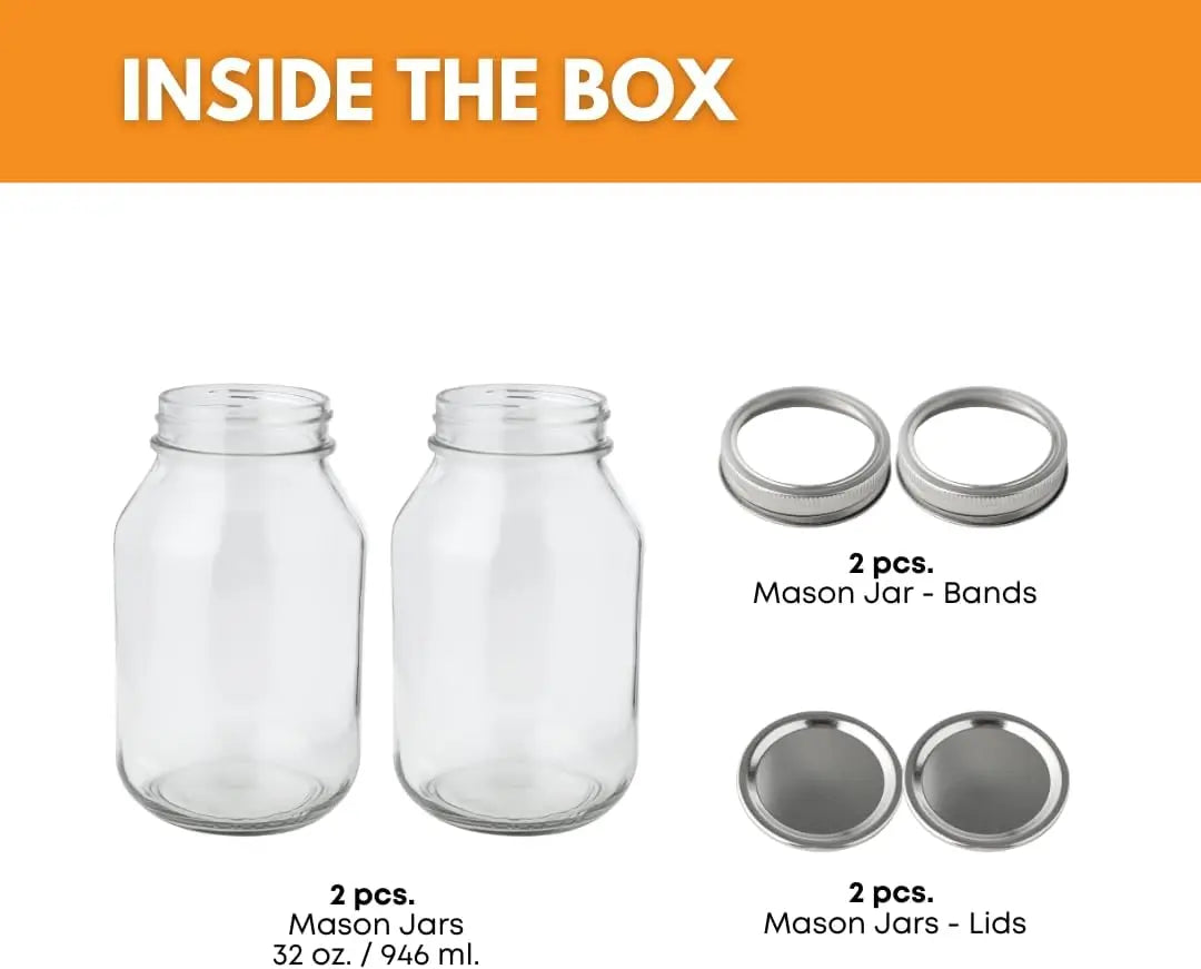 32 oz Regular Mouth Mason Jars with Lids – Pack of 2 Quart Canning Jars for Food Storage, Pickling, Fermentation, Crafts – Reusable Airtight Large Glass Mason Jar