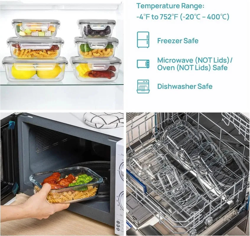 Glass Food Storage Containers Set, Airtight Leak‑Proof Glass Meal Prep Containers with Lids, Multi‑Sizes Reusable Lunch Box for Kitchen Fridge Freezer Microwave Dishwasher Safe, Food Organizer