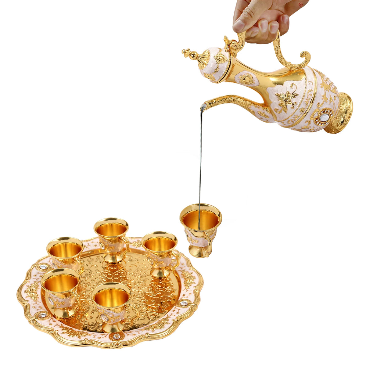 Tea Set with Tray, Vintage Coffee Set 1 Teapot 6 Cups 8.45oz, Gold White Tea Set for Home Wedding Gift