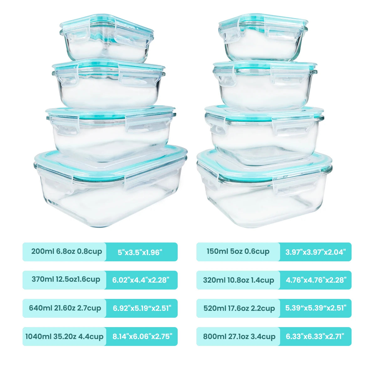 Glass Food Storage Containers 8 Pieces Leakproof Airtight Microwave Safe