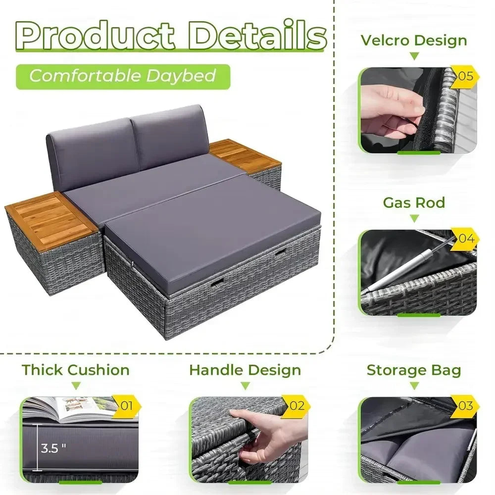 Multifunctional Gray Wicker Daybed Set with Side Tables, Cushions, and Storage Bench for Outdoor Use