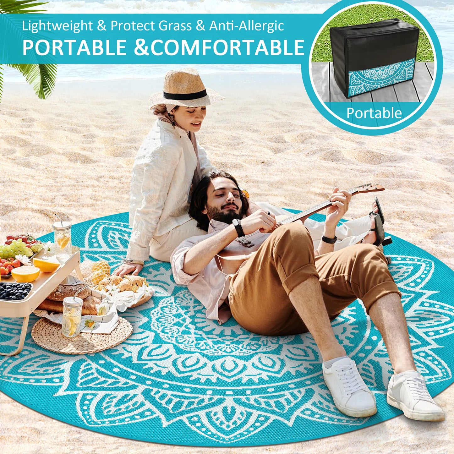 Round Outdoor Rug Reversible Waterproof Plastic Straw Mat Portable RV