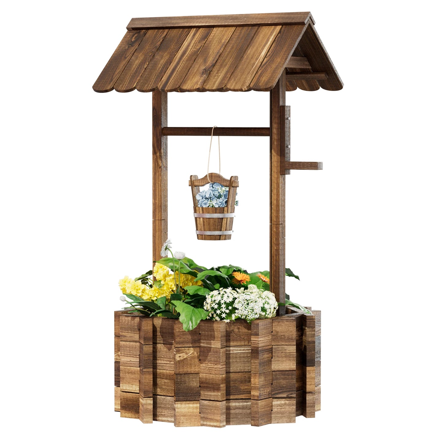 Wooden Wishing Well Planter With Hanging Bucket For Flowers
