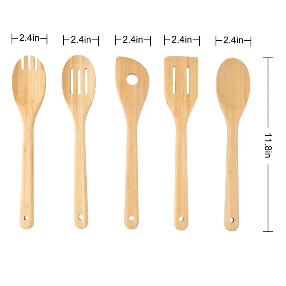 5 Pack Bamboo Spoons for Cooking Kitchen Utensil Set Wooden Stirring Spoons Essential Kitchen Tools Natural Wood Spatula for Stirring Mixing Serving
