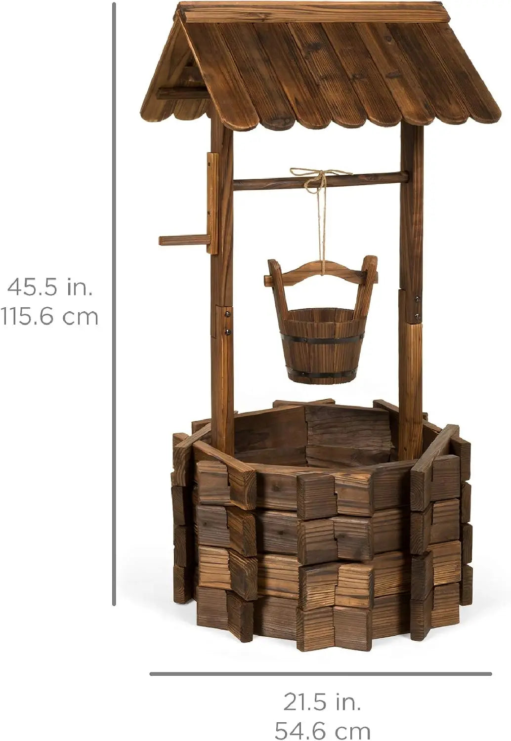 Rustic Wooden Wishing Well Planter With Hanging Bucket
