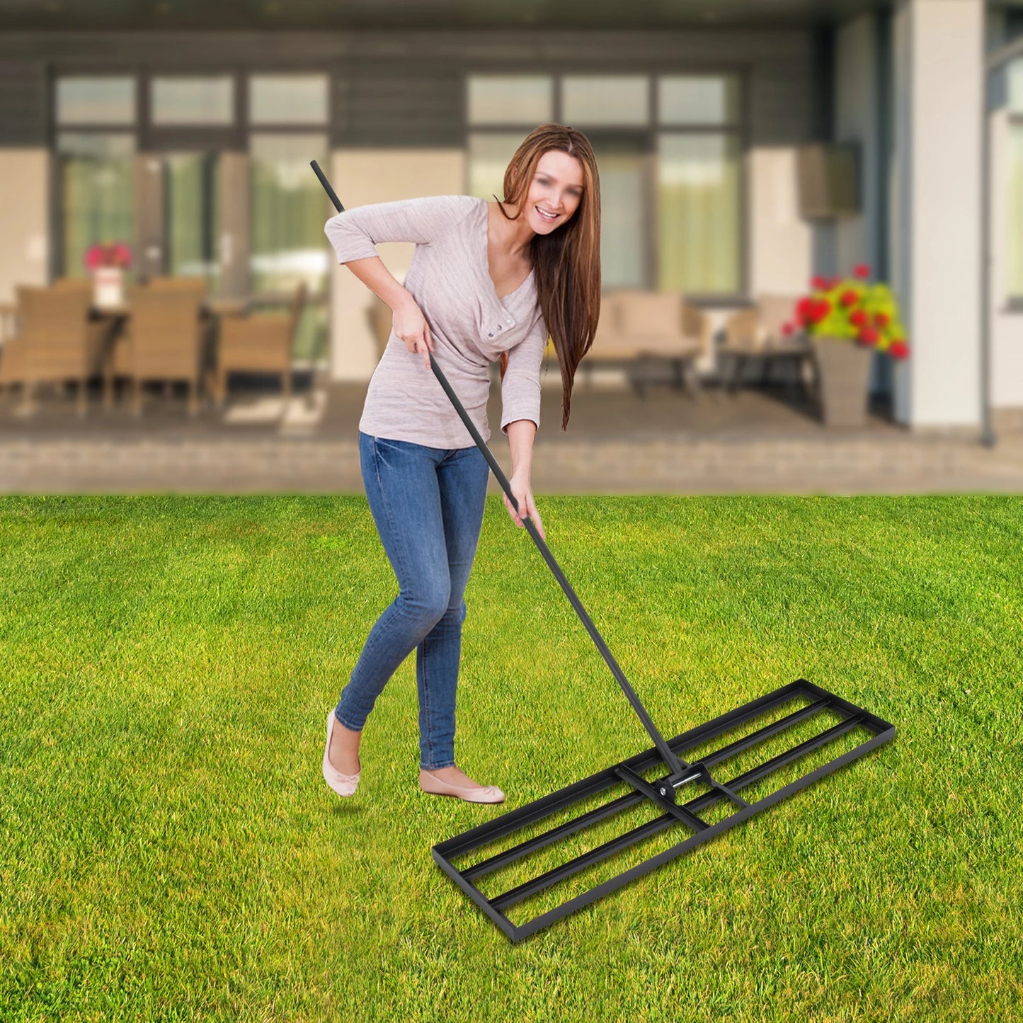 Steel Lawn Leveler Rake Adjustable Angle Leveling Tool Heavy Duty Ground Rake with 5.7ft Long Handle for Yard Garden Farm