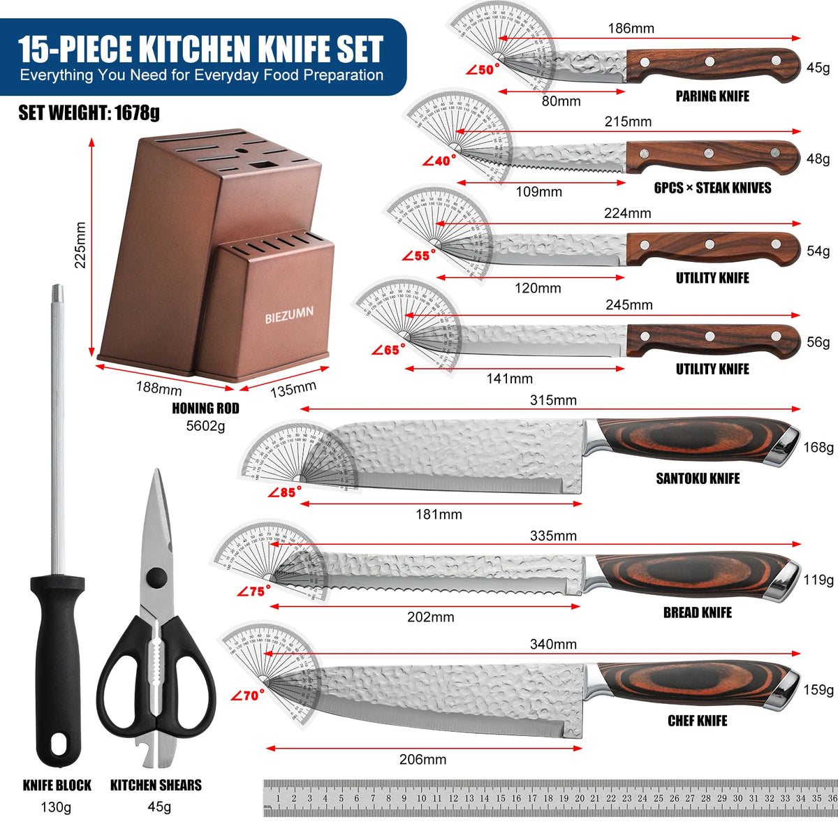 6/15Pcs Hammer Forged Kitchen Knife Set Pakka Wooden Handle Sharp Chef Knives Collection with Storage Block Scissors for Home Kitchen Cooking