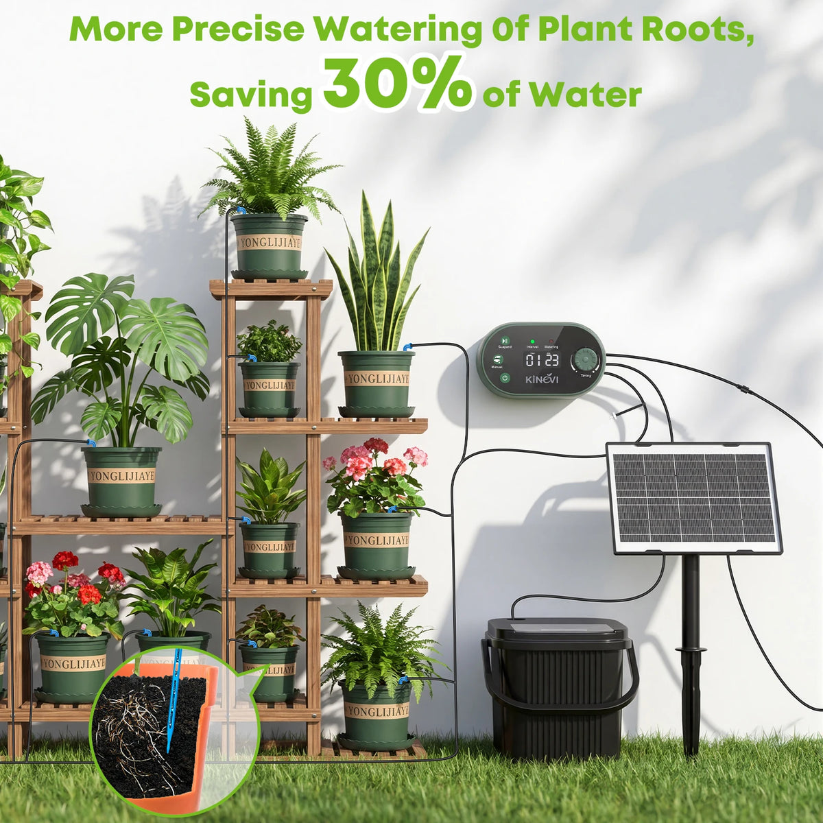 Solar Drip Irrigation System, 3W Automatic Watering System Built in 2200mAh Battery, with 22 Timing Modes 15m Hose&Anti-Siphoning, Suitable for Indoor Outdoor Plants Vegetables Shrubs
